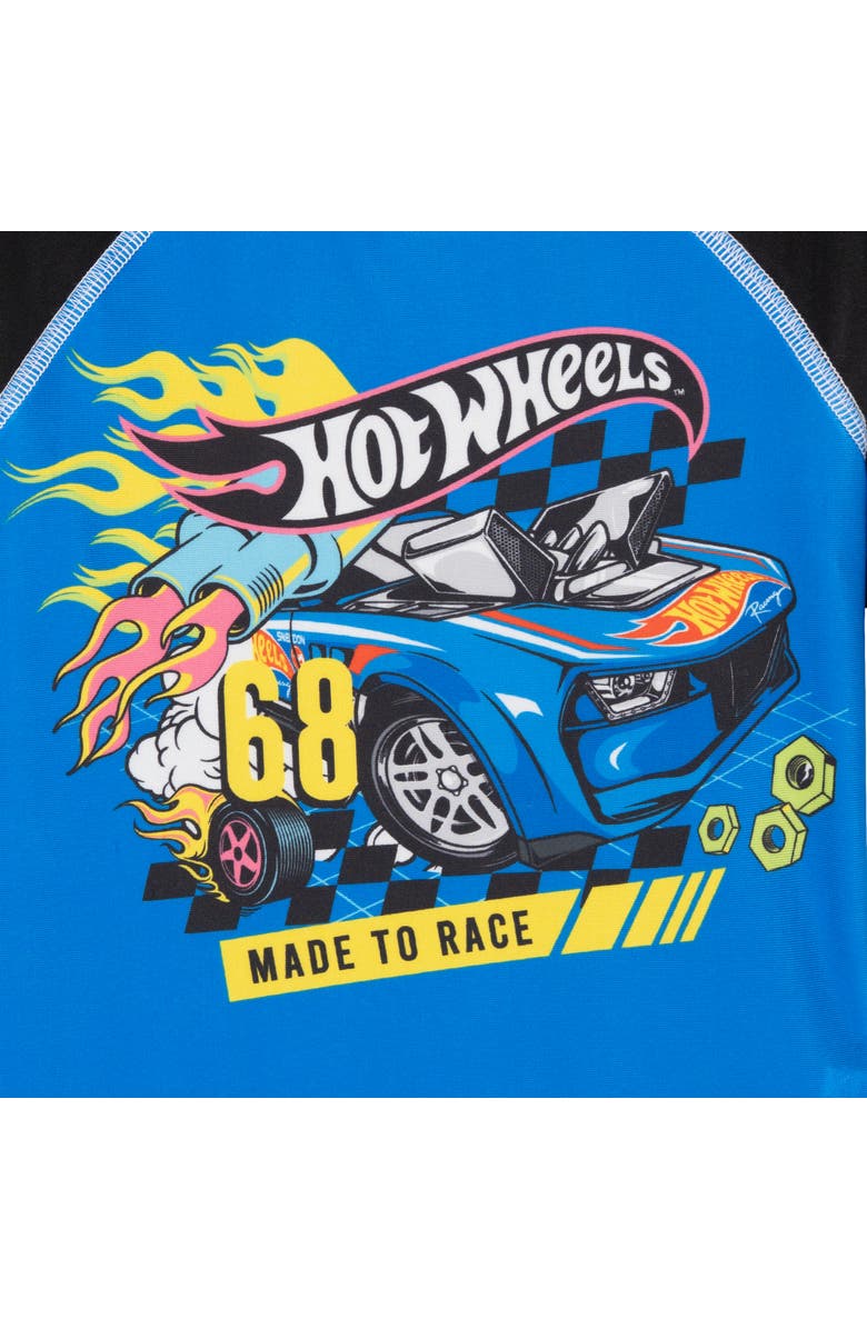 Hot Wheels 2-Piece Swimwear Rash Guard and Swim Trunks Set, Alternate, color, Blue Black Checker