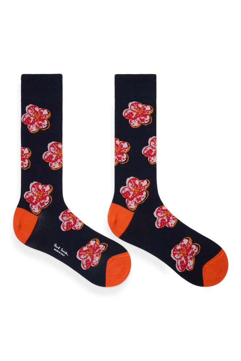 Zine Floral Dress Socks, Alternate, color, NAVY