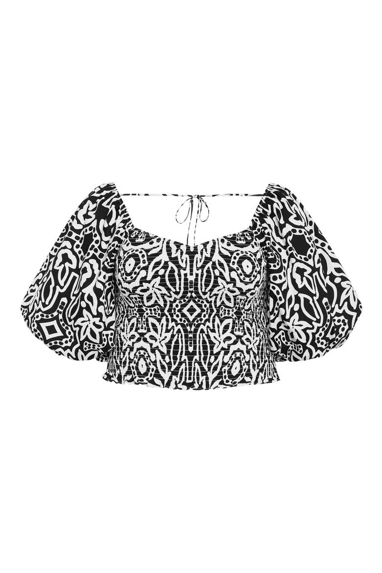 Hanna Printed Smocked Crop Top, Alternate, color, BLACK PRINT