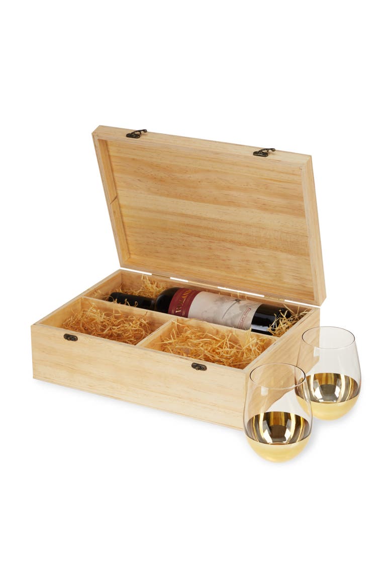 Single Bottle Wooden Wine Box with Two Stemless Wine Glass Set, Alternate, color, Wood