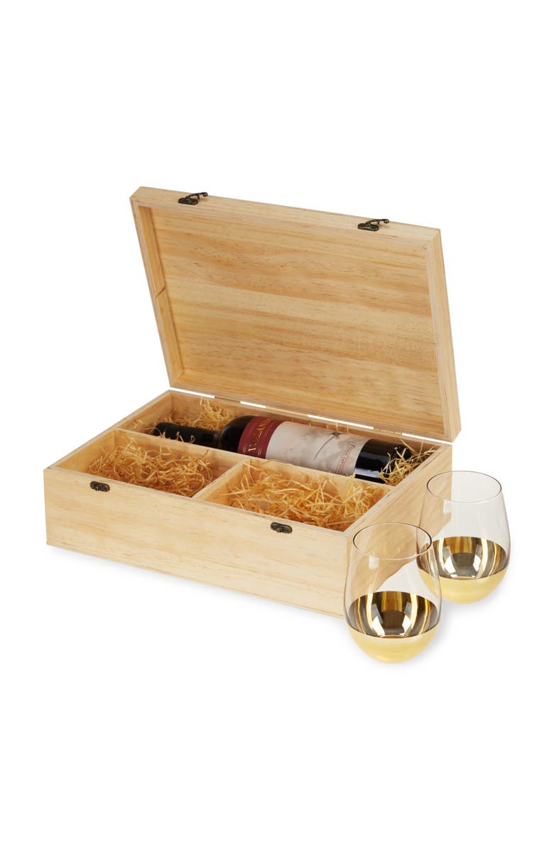 TWINE Single Bottle Wooden Wine Box with Two Stemless Wine Glass Set, Alternate, color, Wood