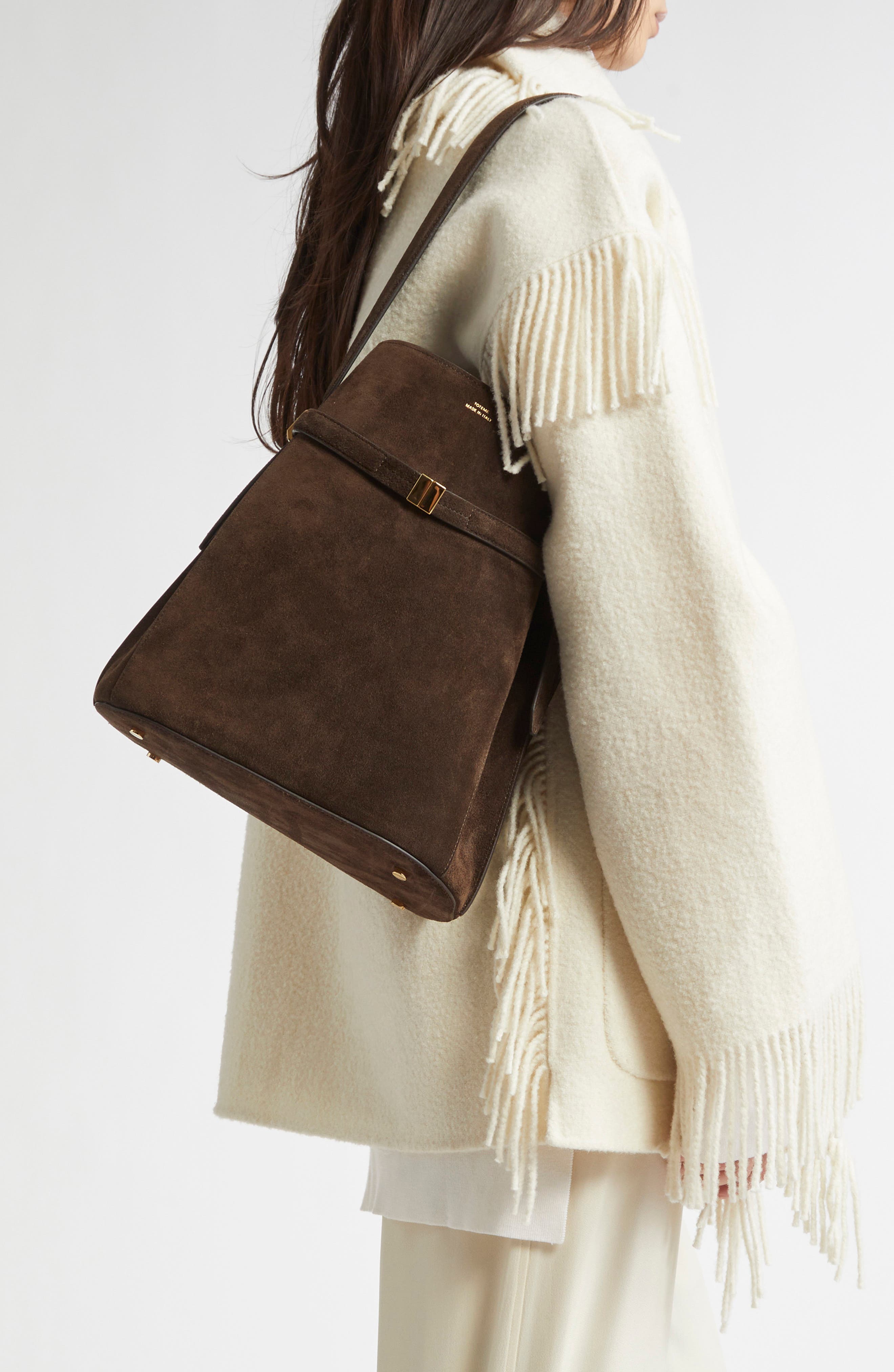 Belted Suede Bucket Bag, Alternate, color, BROWN