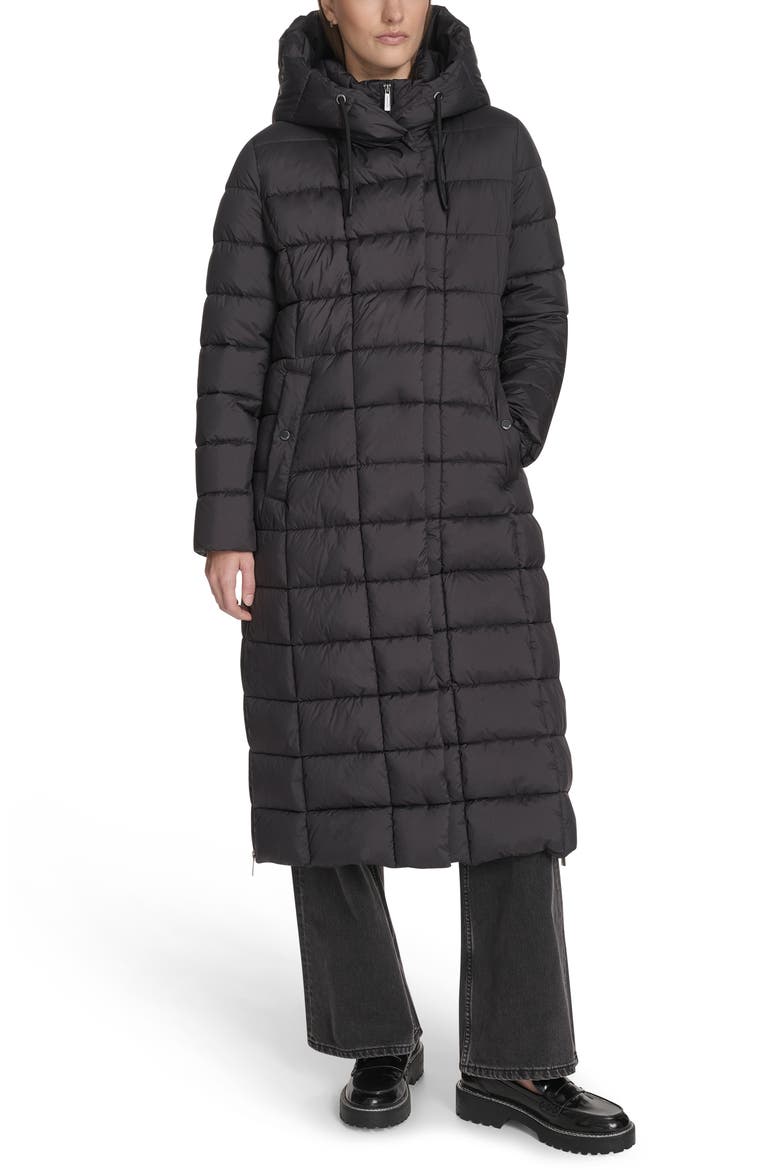 Water Resistant Stadium Length Quilted Puffer Coat, Main, color, BLACK