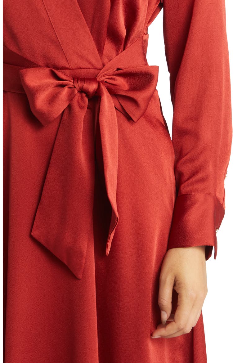 Tie Front Long Sleeve V-Neck Satin Shirtdress, Alternate, color, PAPRIKA