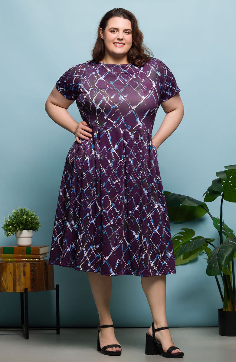 24seven Comfort Apparel Short Sleeve Fit & Flare Midi Dress, Alternate, color, Purple Multi