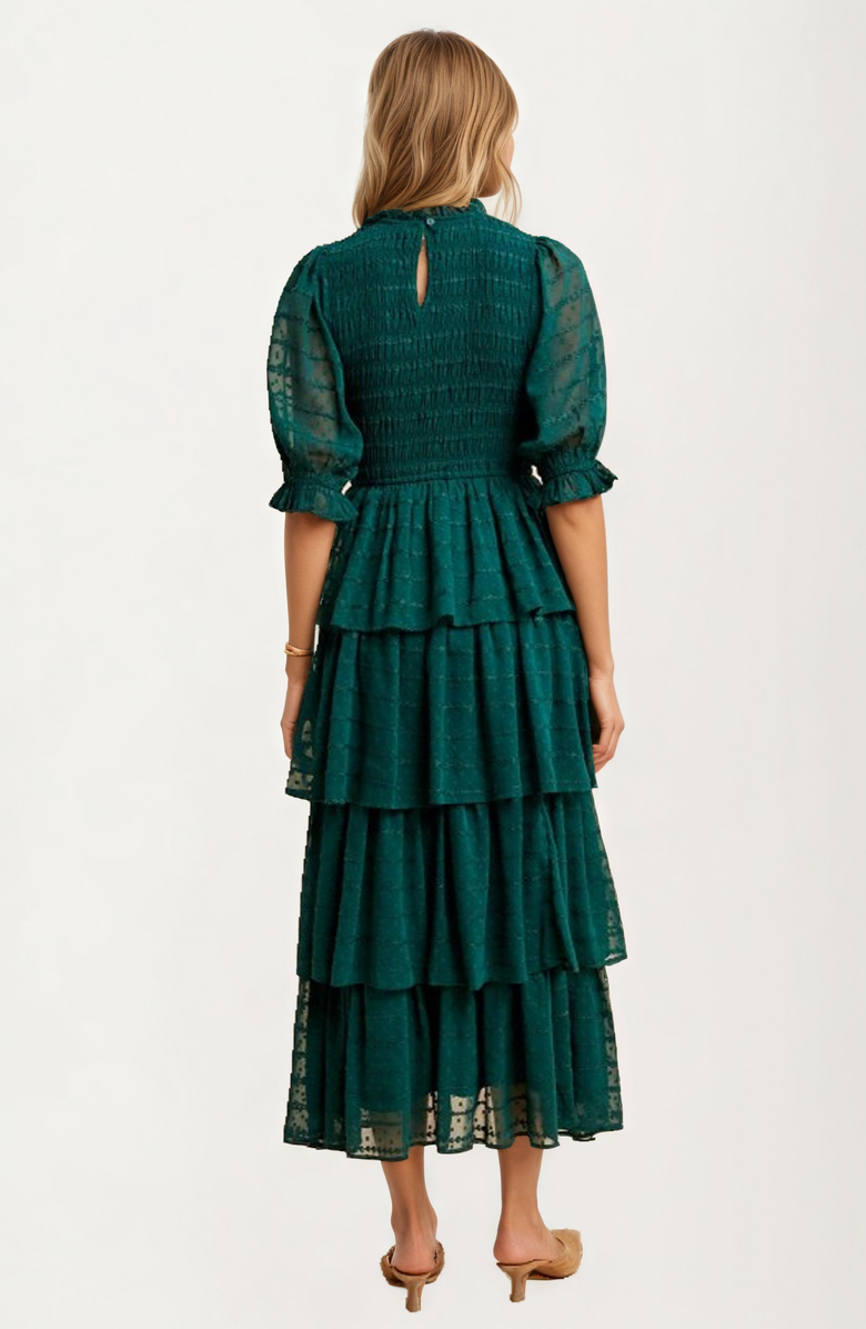 Knit and Lounge Tiered Ruffle Maxi Dress with Smocked Bodice and Sheer Sleeves, Alternate, color, 