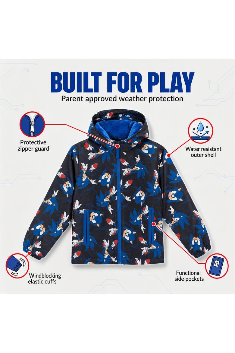 Sonic the Hedgehog Hooded Zip-Up Rain Jacket, Alternate, color, Black Blue Sonic