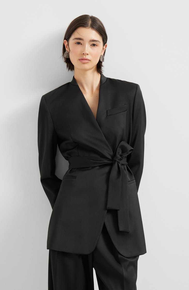 Brunello Cucinelli Satin belted blazer with monili, Alternate, color, Black
