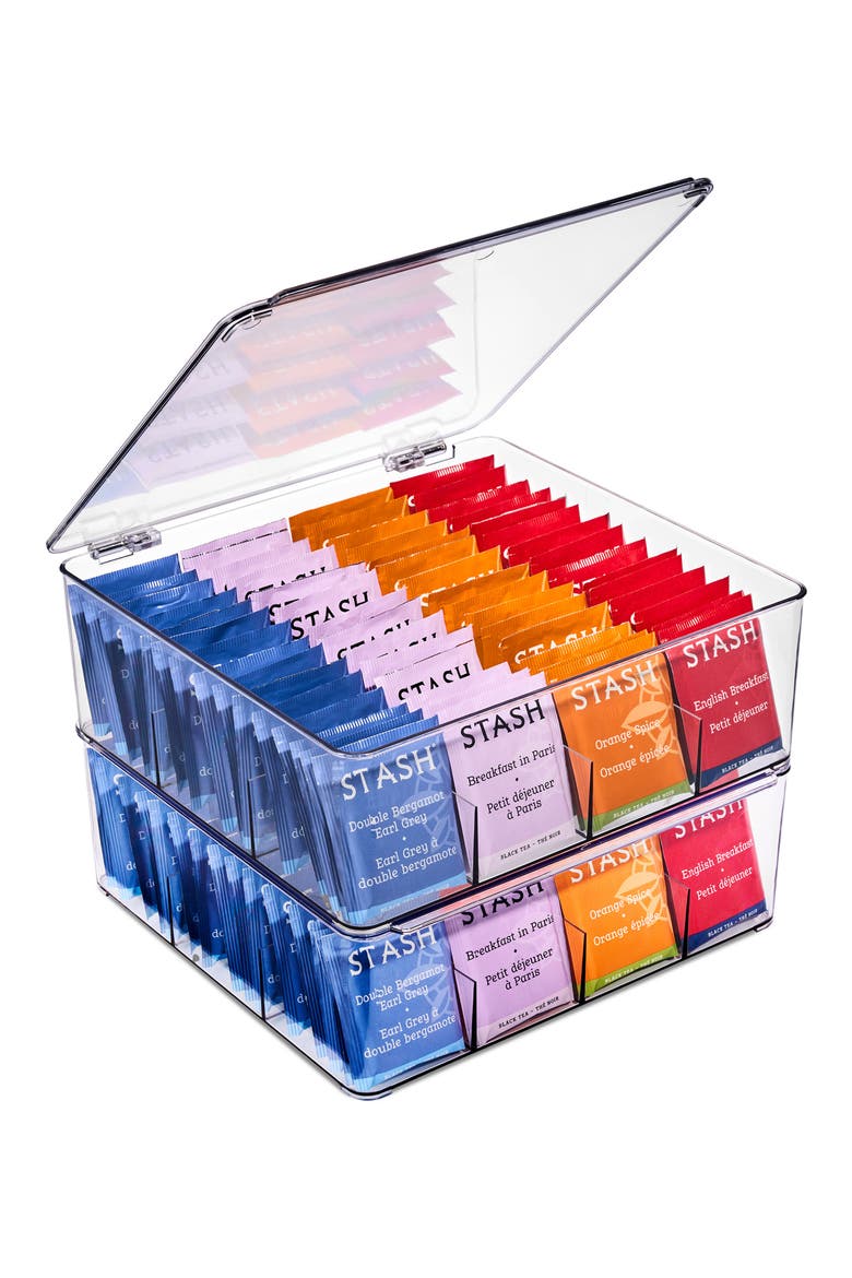 Set of 2 Stackable Tea Bag Organizers, Alternate, color, CLEAR