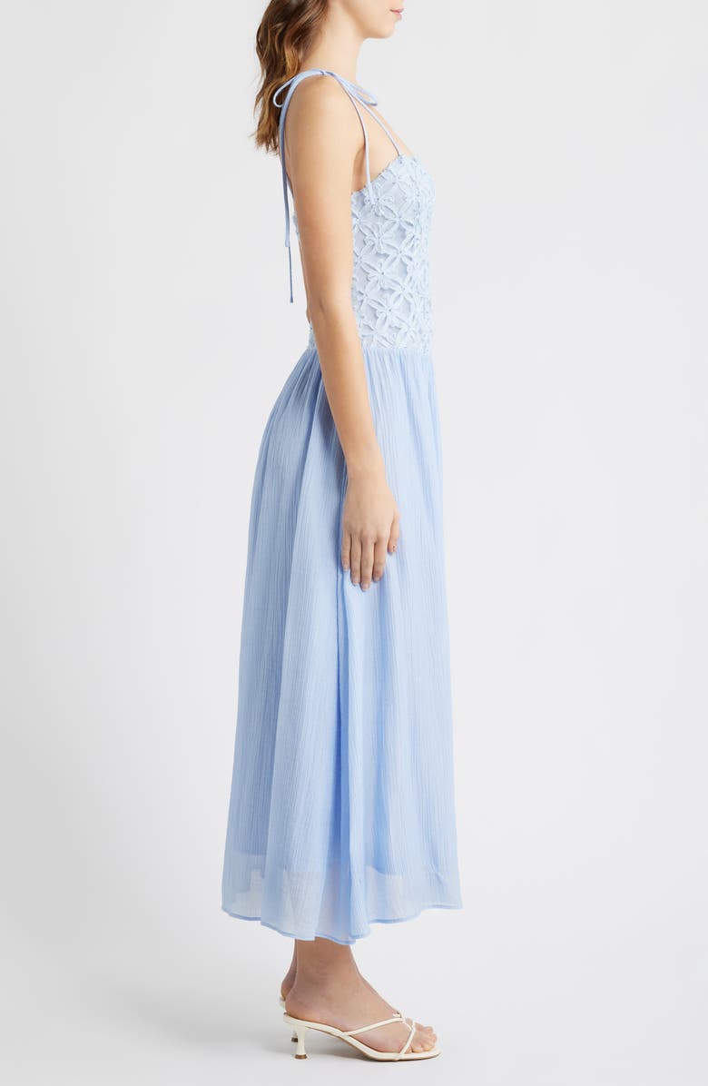 MOON RIVER Floral Appliqué Tie Shoulder Midi Dress, Alternate, color, Blue