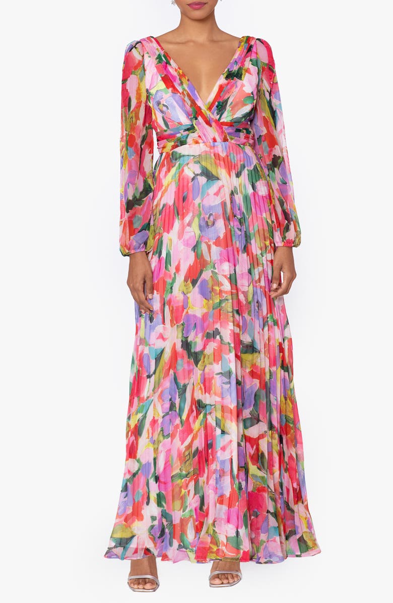 Betsy & Adam Floral Long Sleeve A-Line Gown, Main, color,