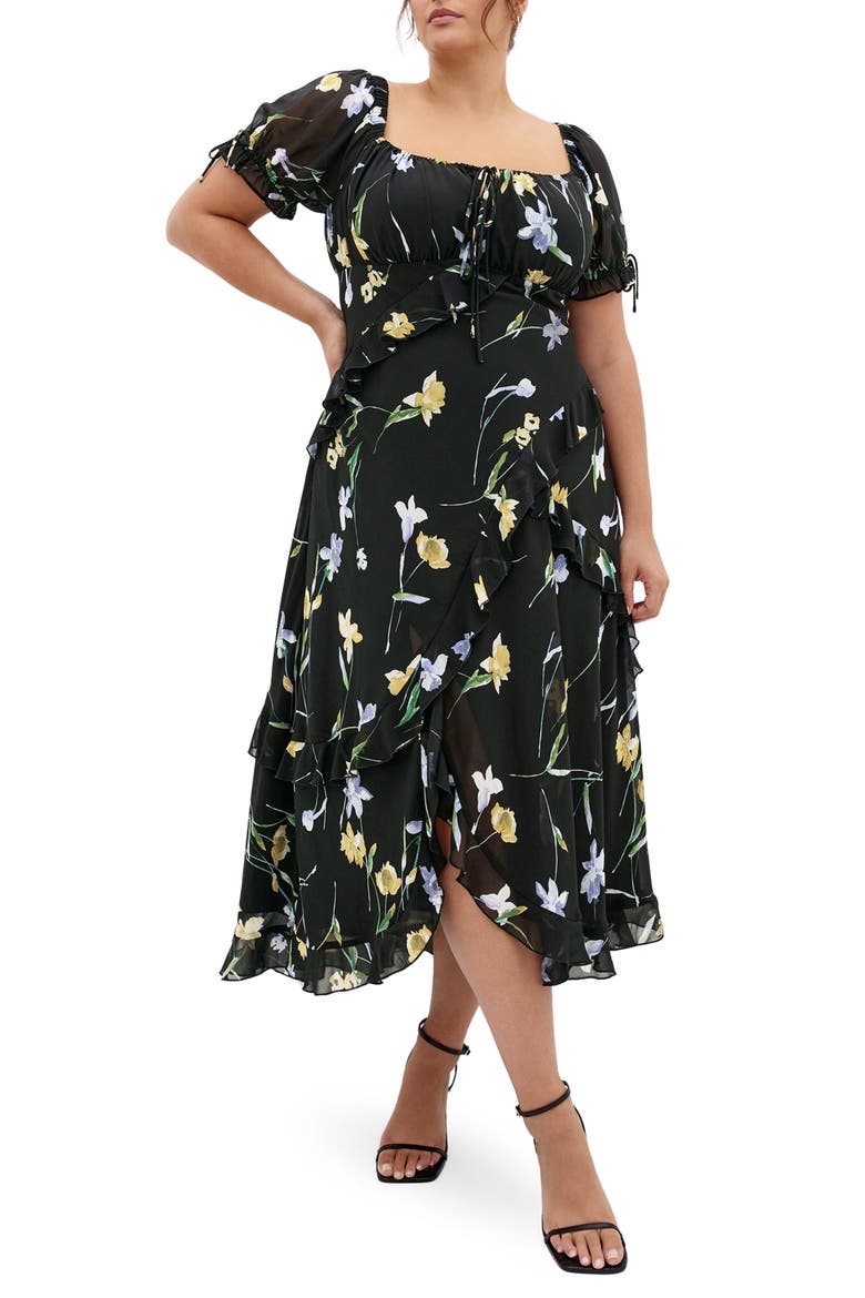 Shayla Floral Print Ruffle Dress, Main, color, MIDNIGHT PETALS
