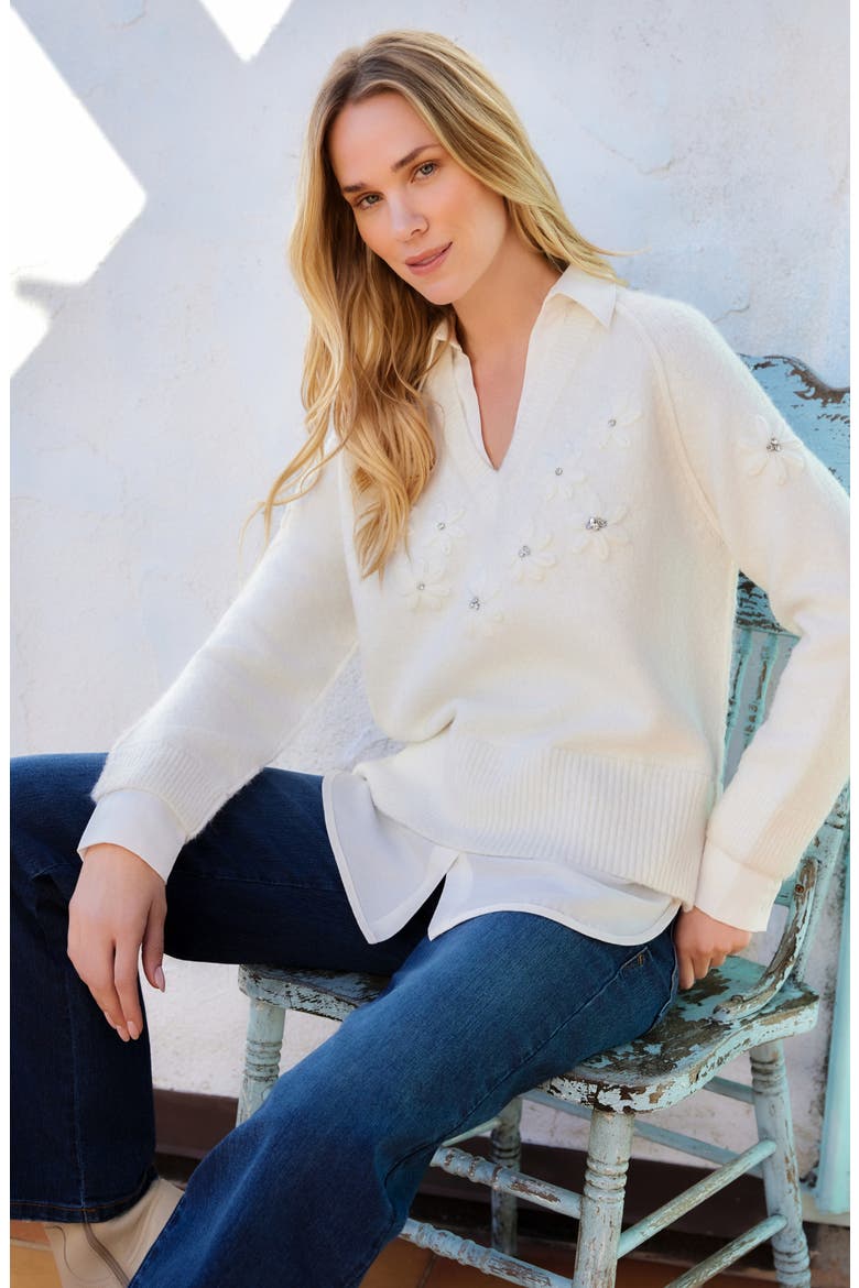 Embroidered Layered V-Neck Sweater, Alternate, color, CREAM