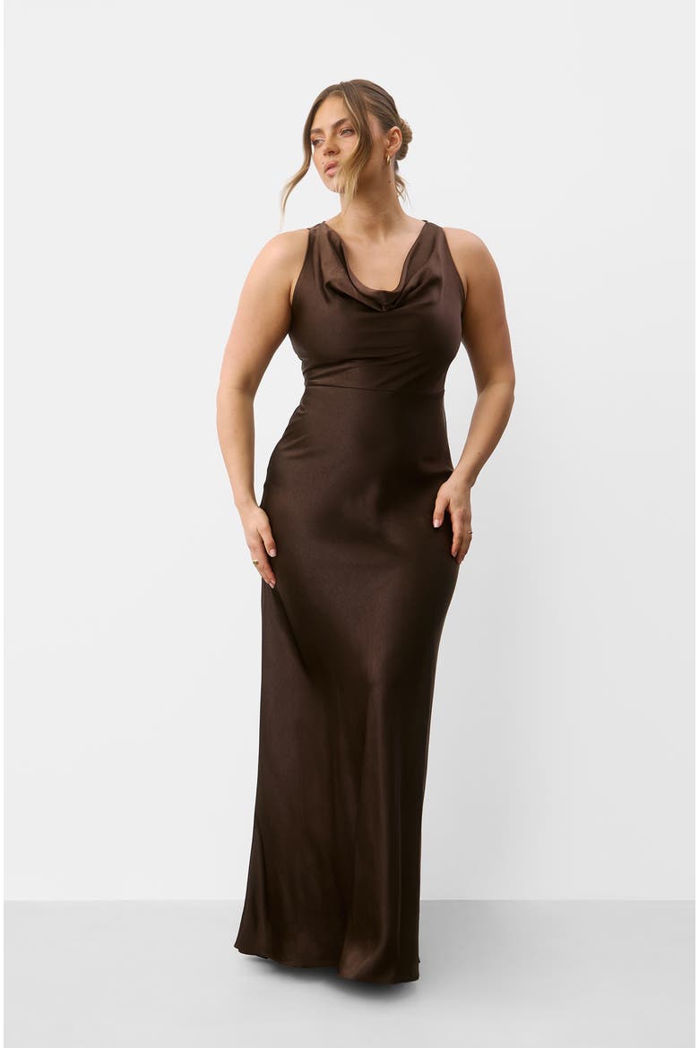 Cowl Front Satin Bridesmaid Dress, Main, color, Chocolate