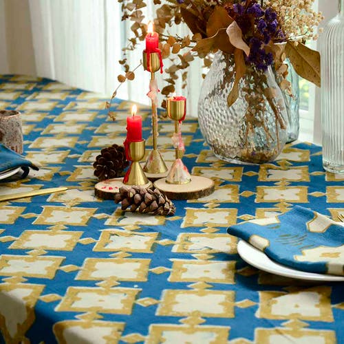Ichcha Boho Organic Cotton Tablecloth In Blue