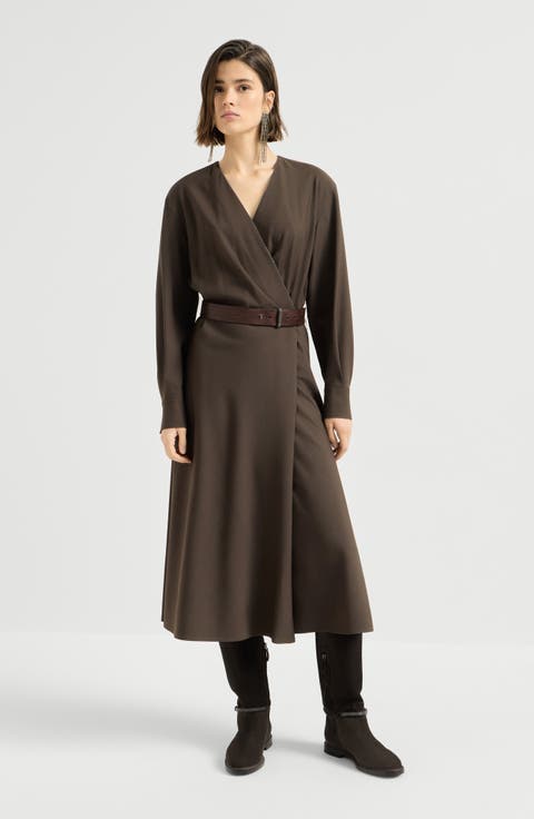 Comfort virgin wool and viscose twill dress with belt and monili