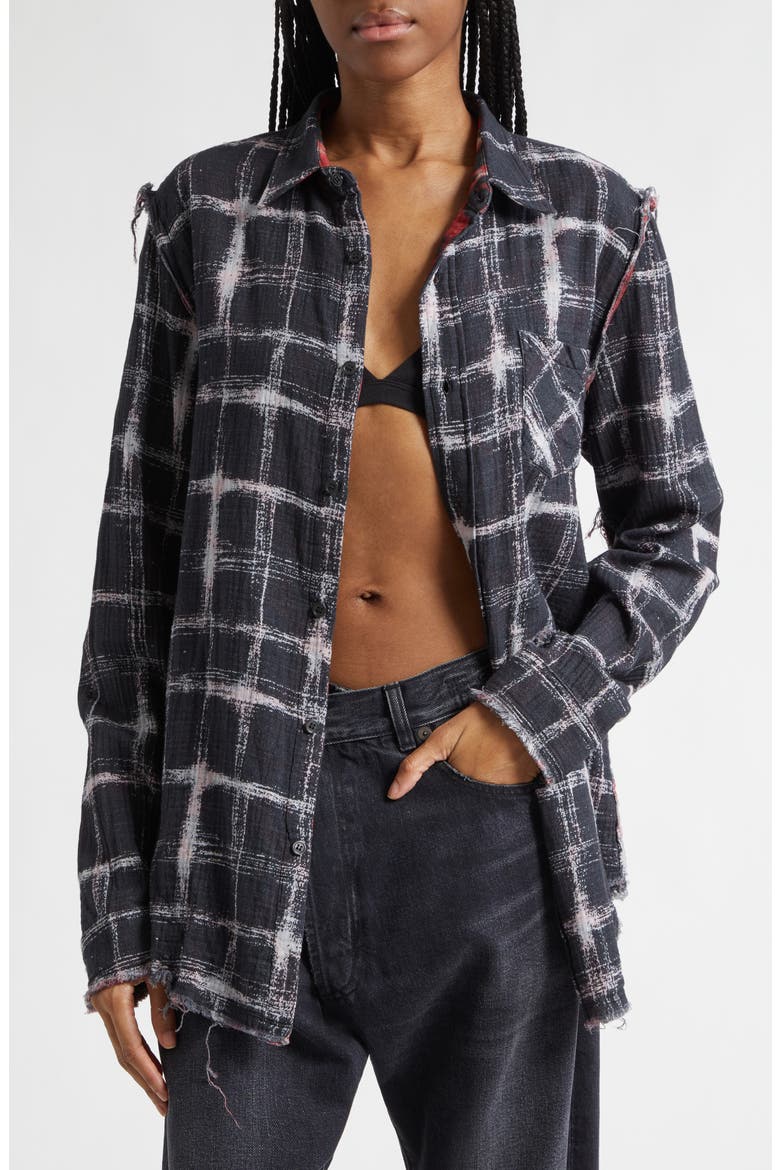 Shredded Seam Drop Neck Reversible Cotton Gauze Button-Up Shirt, Main, color, BLACK ECRU PLAID RED LEOPARD
