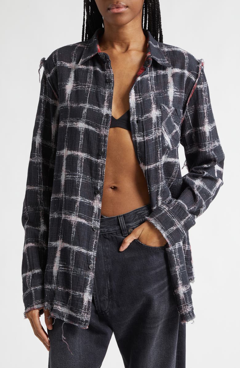 R13 Shredded Seam Drop Neck Reversible Cotton Gauze Button-Up Shirt, Main, color, Black Ecru Plaid Red Leopard