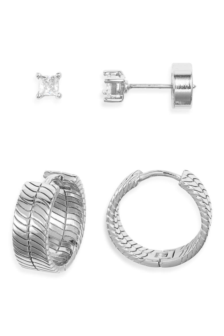 Demifine Herringbone Hoop & Cubic Zirconia Stud Set, Main, color, STERLING SILVER PLATED