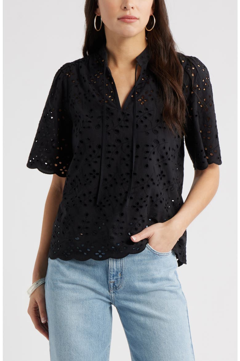 Eyelet Split Neck Cotton Top, Main, color, BLACK
