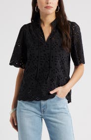 Caslon® Eyelet Split Neck Cotton Top
