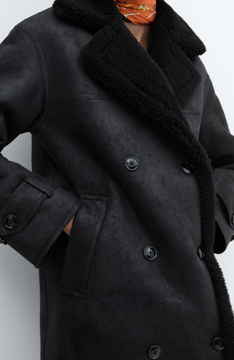 MANGO Double Breasted Faux Shearling Coat, Alternate, color, 