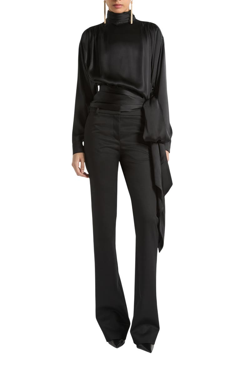 Silk satin blouse with tie detail, Alternate, color, black