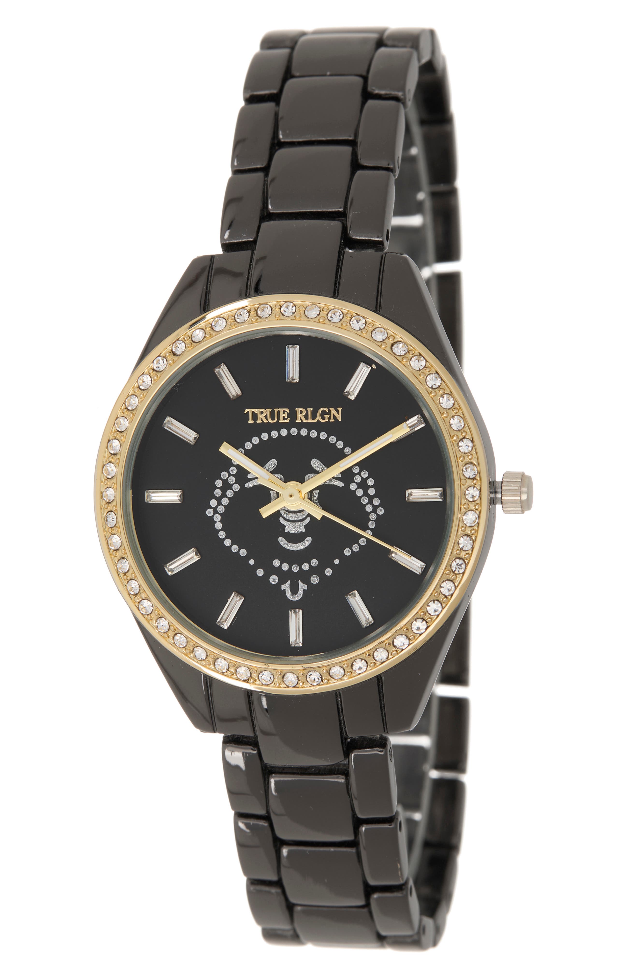 True Religion Buddha Face Crystal Bracelet Watch, 32.5mm