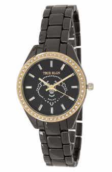 True Religion Buddha Face Crystal Bracelet Watch, 32.5mm