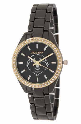 True Religion Buddha Face Crystal Bracelet Watch, 32.5mm