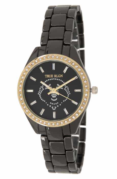True Religion Buddha Face Crystal Bracelet Watch, 32.5mm