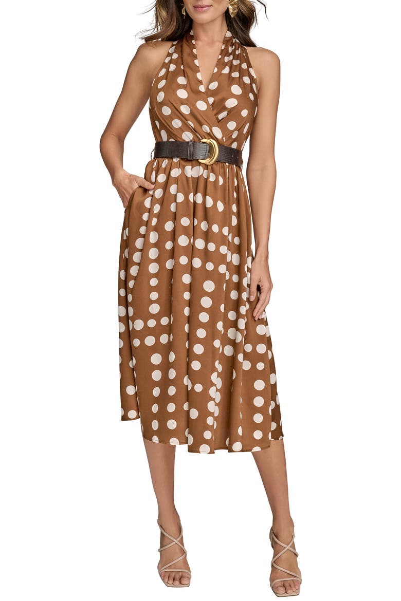 Polka Dot Belted Midi Dress, Main, color, RUSSET/ LIGHT CANVAS