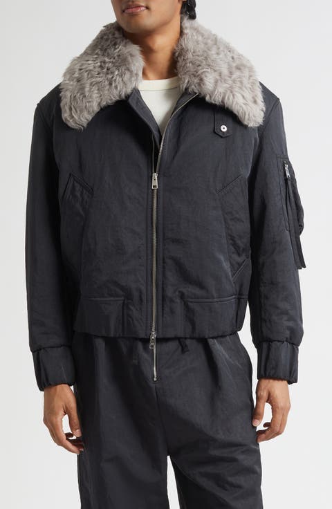 Padded Water Repellent Bomber Jacket with Detachable Genuine Shearling Collar