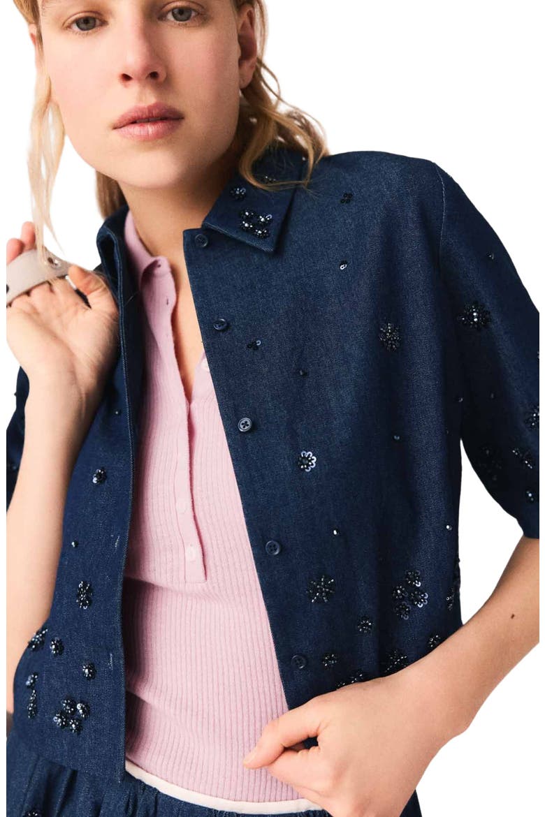 Embroidered cropped denim shirt, Alternate, color, Navy