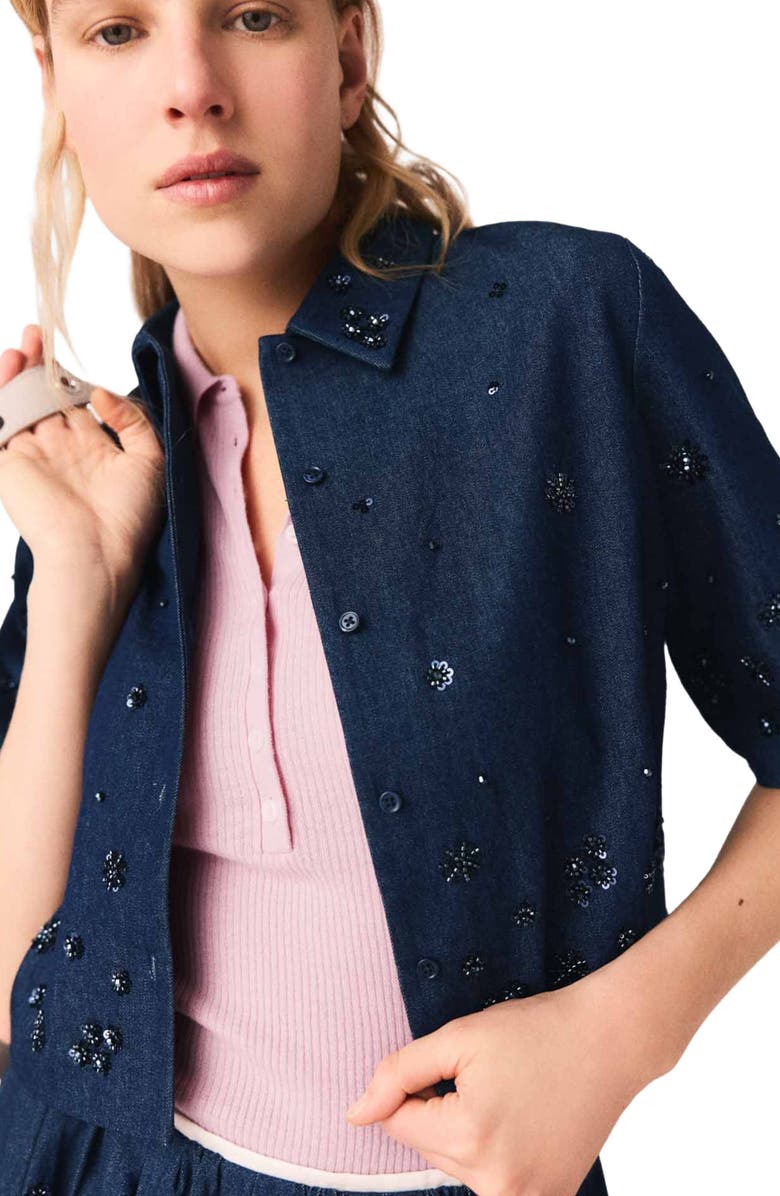maje Embroidered cropped denim shirt, Alternate, color, Navy