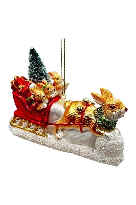 Hare And Sleigh Hand Blown Glass Christmas Ornament
