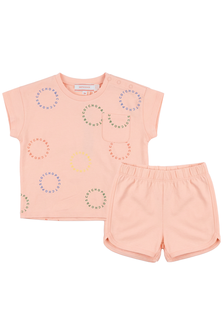 Pocket Tee Snap Shoulder Hopscotch Artwork Top and Elastic Waist Shorts Set, Main, color, Apricot