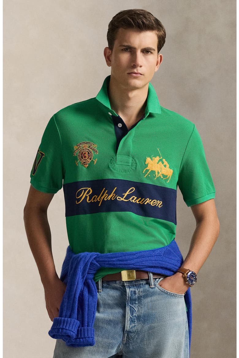 Classic Fit Crest Cotton Graphic Polo, Alternate, color, STAFFORD GREEN/ NEWPORT NAVY