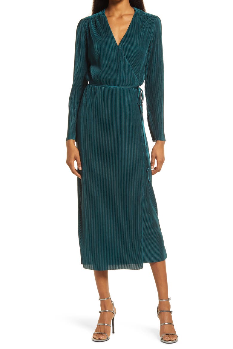 Plissè Long Sleeve Wrap Midi Dress, Main, color, DARK TEAL