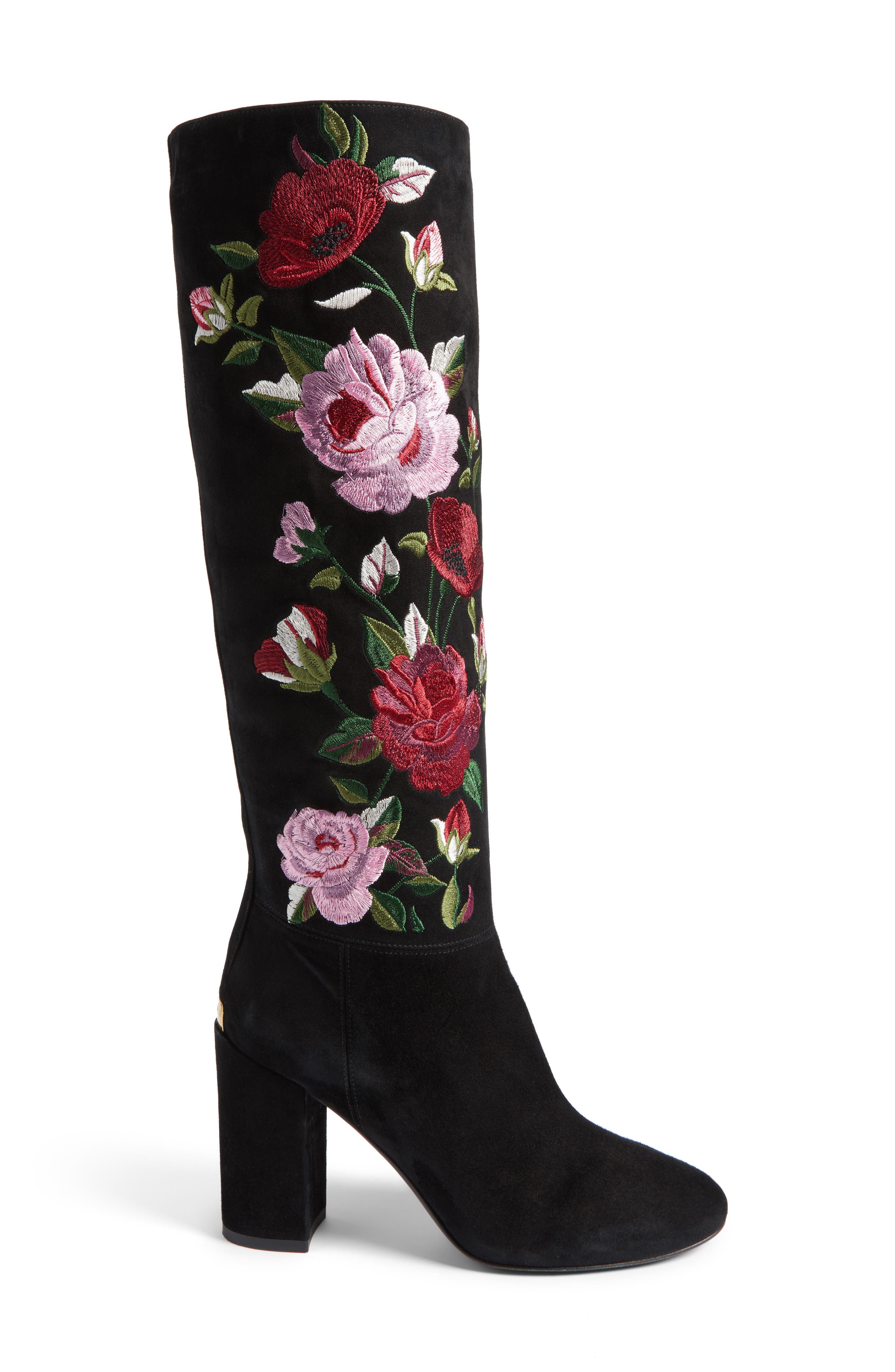 greenfield flower embroidered boot, Alternate, color, BLACK SUEDE