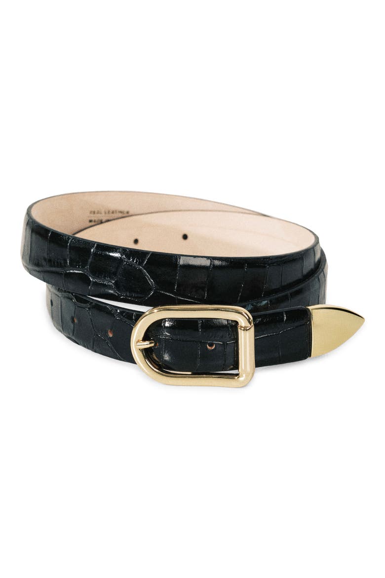 Mija Croc-Embossed Leather Belt, Main, color, BLACK CROCO/ GOLD