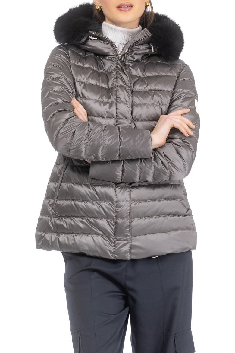 Apres-Ski Horizontal Short Jacket With Detachable Genuine Shearling Hood Trim, Alternate, color, GREIGE/BLACK
