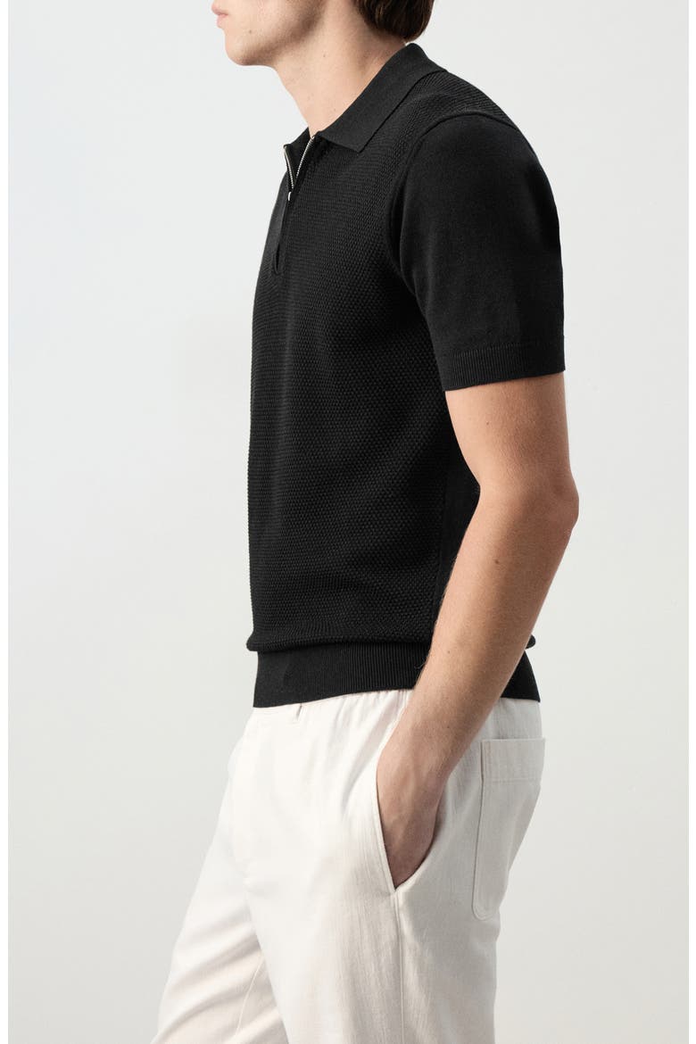 Zip Cotton Knit Polo, Alternate, color, BLACK