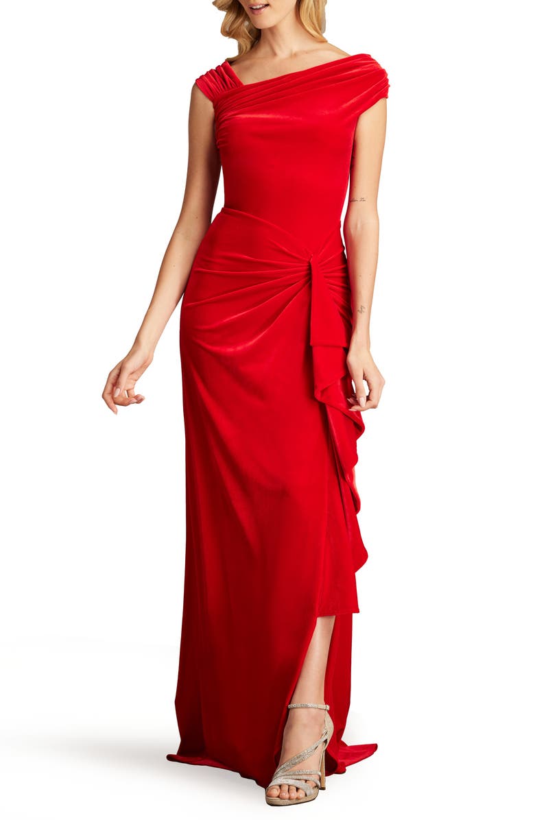 Tadashi Shoji Asymmetric Neck Side Ruffle Velvet Gown, Main, color, 
