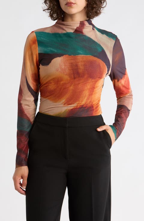 Long Sleeve Mesh Mock Neck Top