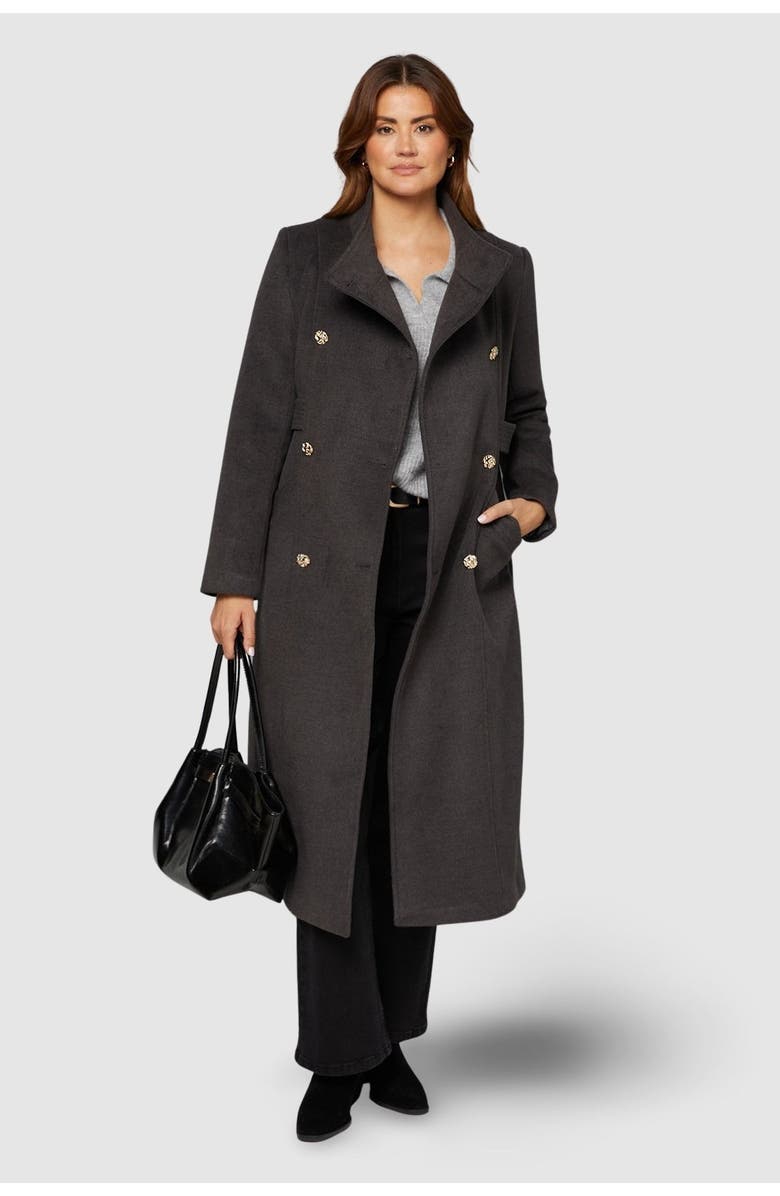 Wallis Double Breasted Tab Detail Funnel Coat, Main, color, Dark Grey