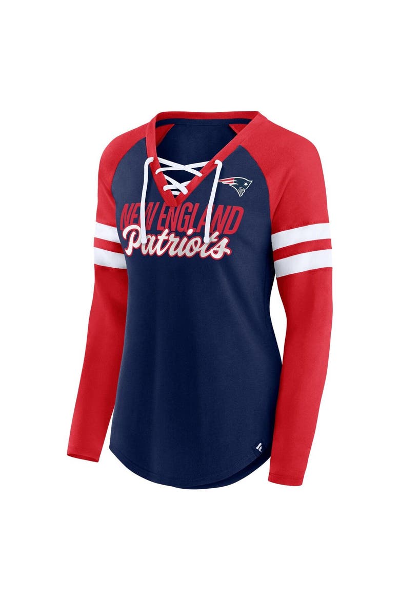 Women's Fanatics Branded Navy/Red New England Patriots Plus Size True to Form Lace-Up V-Neck Raglan Long Sleeve T-Shirt, Alternate, color, Navy