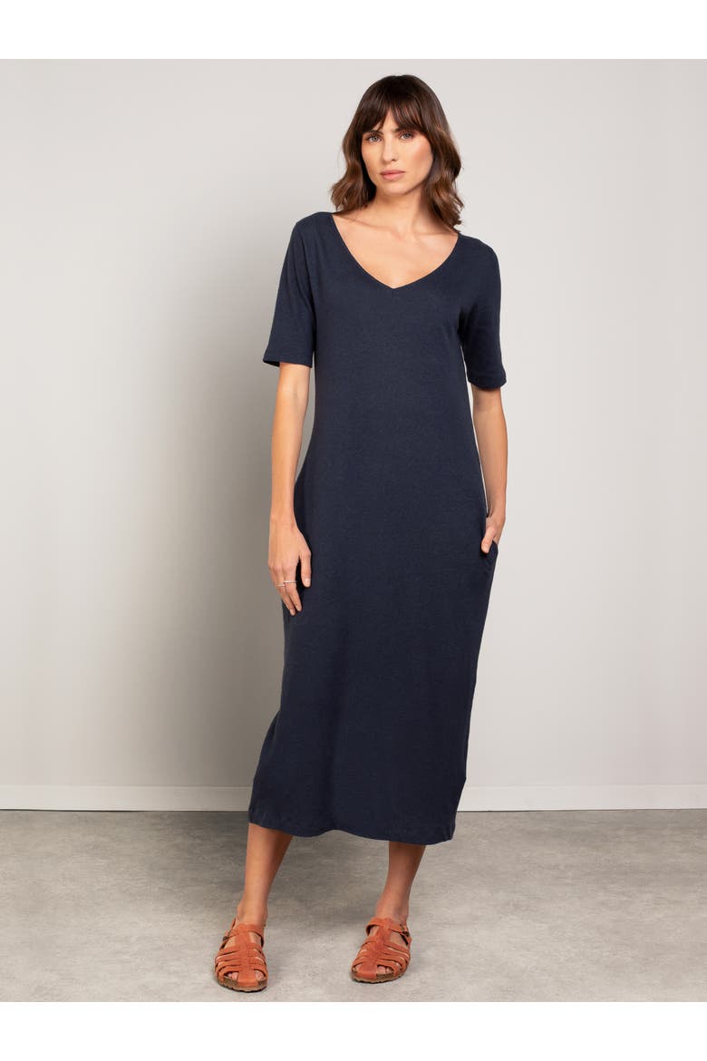 Linen Blend Midi Dress, Alternate, color, NAVY