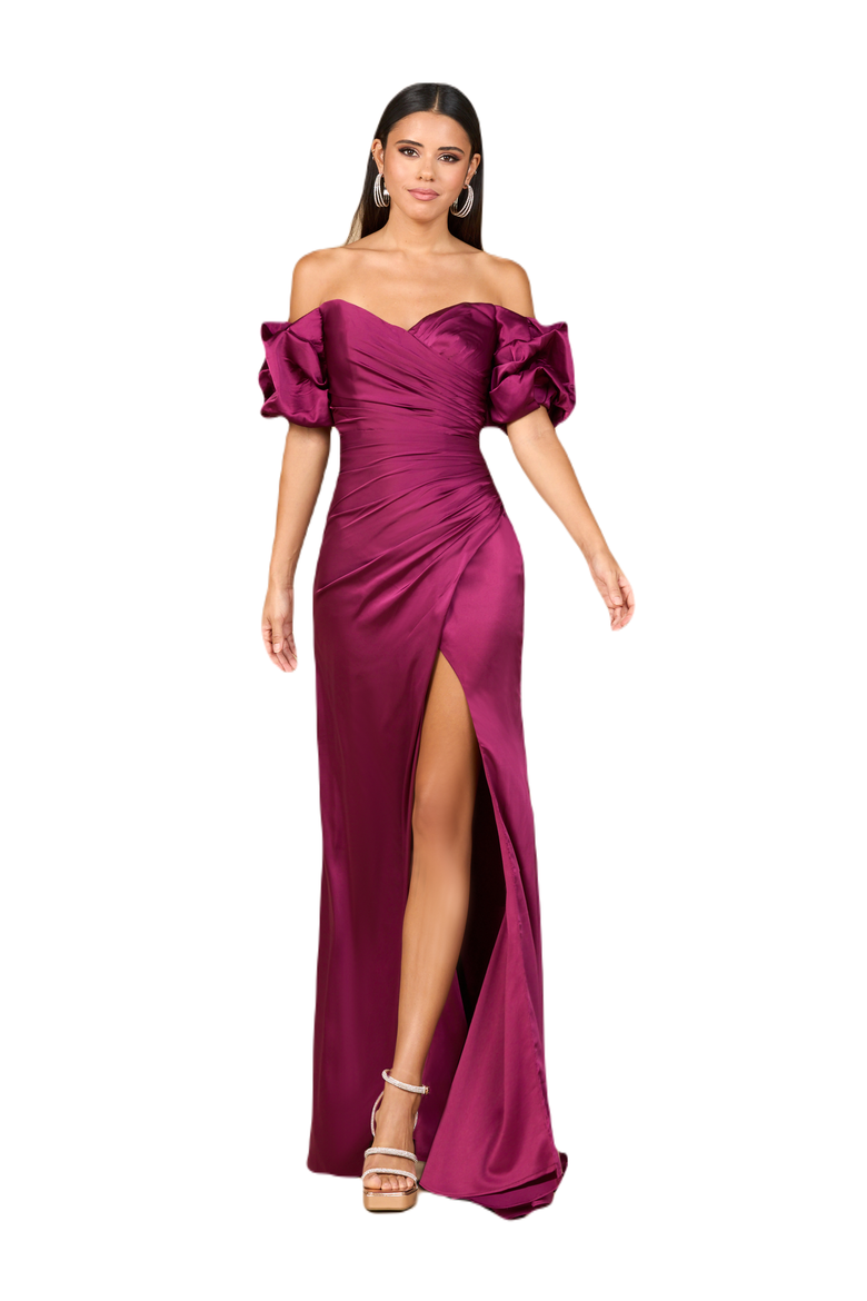 Off Shoulder Satin Dress with Slit, Main, color, Wine