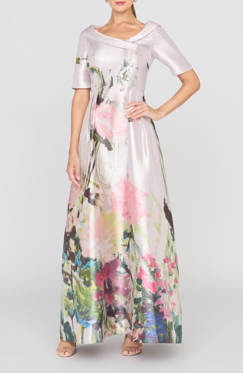 Coco Metallic Floral Print Mikado Gown